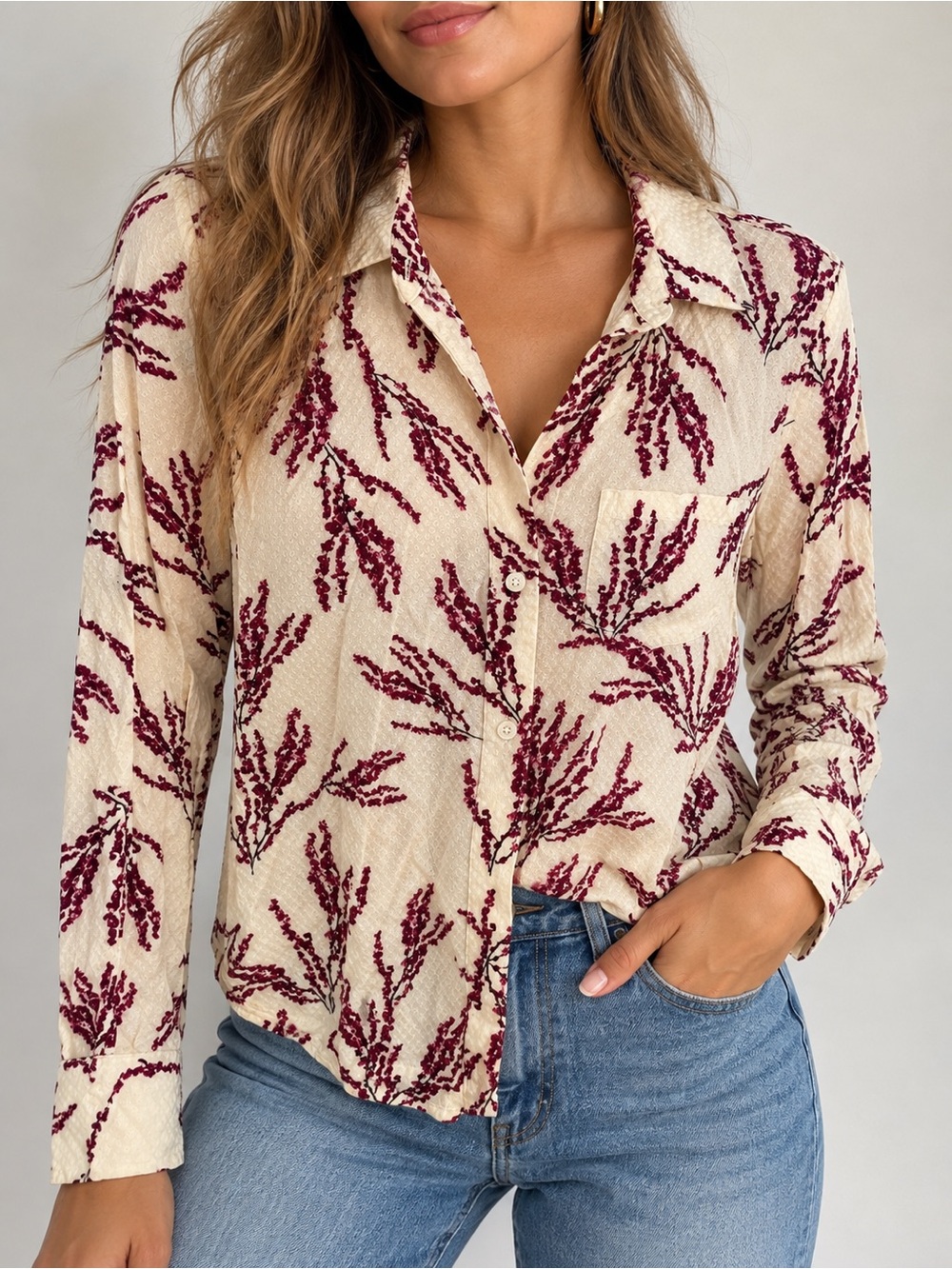 Equipment Femme Burgundy Botanical Print Blouse XXS 100% Viscose
